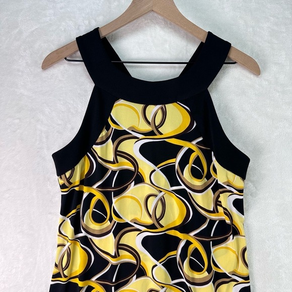 VTG Y2K Alyn Paige Abstract Yellow Black Geometric Midi Dress L Mod Retro - Picture 3 of 13